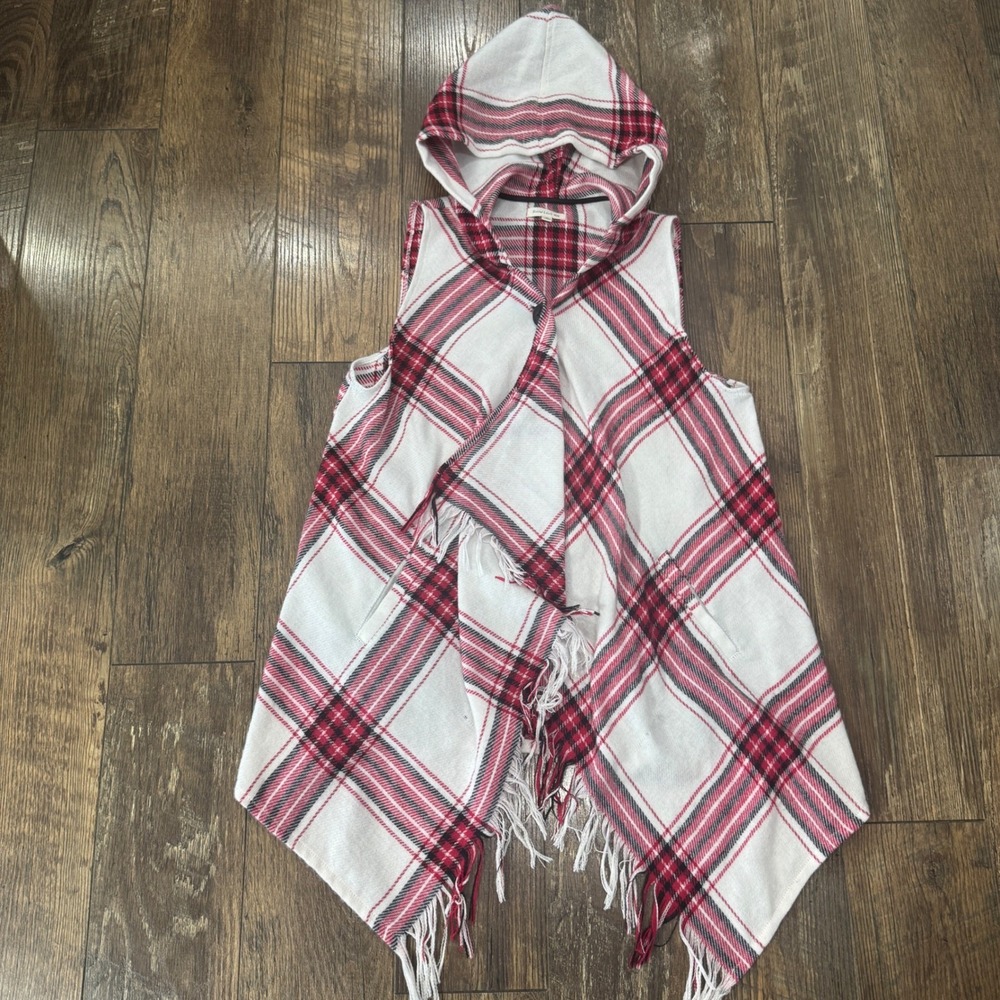 Rewind Womens Red White Plaid Hooded Fringe Vest Asymmetrical Hem Medium